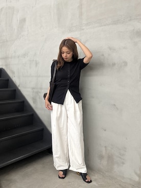 「select MOCA（セレクトモカ）のクルーネックセンターラインリブトップス（Tシャツ/カットソー、ブラック系）」を使った、noaさん（レディース・163cm）の夏コーディネート