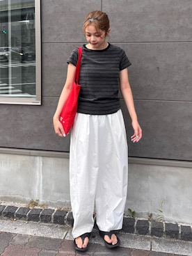「select MOCA（セレクトモカ）のパイルボーダーTシャツ（Tシャツ/カットソー、グレー系）」を使った、noaさん（レディース・163cm）の夏コーディネート