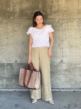 「N.（N. Natural Beauty Basic）（エヌエヌナチュラルビューティーベーシック）のエンブロイダリーツイルパンツ（その他パンツ、ベージュ系）」を使った、hirokaさん（レディース・157cm）の夏コーディネート
