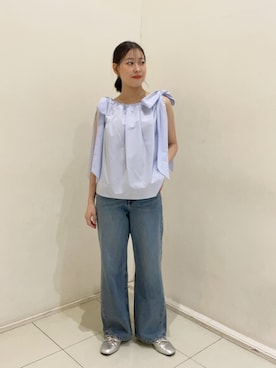 「NATURAL BEAUTY BASIC（ナチュラルビューティーベーシック）の【sweet掲載】【ちょうど、いい服】ときめきリボンブラウス（シャツ/ブラウス、ブルー系）」を使った、hirokaさん（レディース・157cm）の夏コーディネート