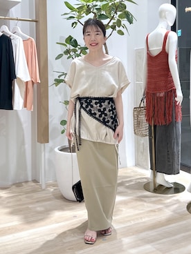 「COLLAGE GALLARDAGALANTE（コラージュガリャルダガランテ）の体型カバー/麻混ドロストブラウス（シャツ/ブラウス、ベージュ系）」を使った、sensuiさん（レディース・145cm）の夏コーディネート