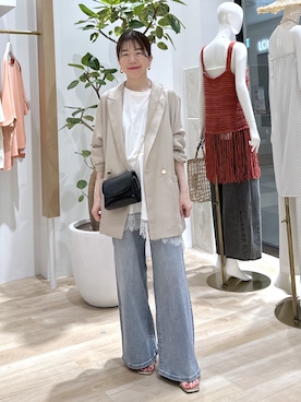 「COLLAGE GALLARDAGALANTE（コラージュガリャルダガランテ）の通気性抜群/夏にも羽織れるメッシュダブルジャケット/WEB限定カラー・サイズ展開（テーラードジャケット、ベージュ系）」を使った、sensuiさん（レディース・145cm）の夏コーディネート