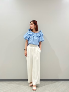 「NATURAL BEAUTY BASIC（ナチュラルビューティーベーシック）の【Oggi.jp掲載】◇ショルダーリボンブラウス（シャツ/ブラウス、ブルー系）」を使った、KOTOMIさん（レディース・159cm）の夏コーディネート