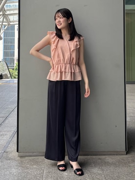 「NATURAL BEAUTY BASIC（ナチュラルビューティーベーシック）の【山本里菜さんコラボ】ラッフル楊柳ペプラムブラウス（シャツ/ブラウス、ピンク系）」を使った、hazukinbbさん（レディース・165cm）の夏コーディネート