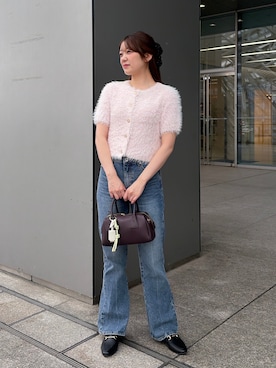 「NATURAL BEAUTY BASIC（ナチュラルビューティーベーシック）のシャギー半袖ニットカーデ（カーディガン/ボレロ、ピンク系）」を使った、hazukinbbさん（レディース・165cm）の秋コーディネート
