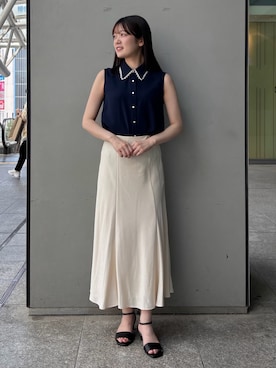 「NATURAL BEAUTY BASIC（ナチュラルビューティーベーシック）の【山本里菜さんコラボ】レーストリミングカラーブラウス（シャツ/ブラウス、ブルー系）」を使った、hazukinbbさん（レディース・165cm）の夏コーディネート