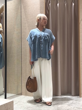 「Jena espace merveilleux（ジェナ　エスパスメルヴェイユ）の【サラサラ半袖デニム】テンセルフレンチシャツ（シャツ/ブラウス、ブルー系）」を使った、moe0826loveさん（レディース・152cm）の夏コーディネート