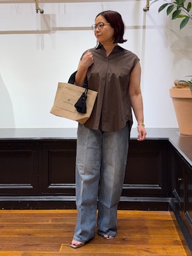 「DRESSTERIOR（ドレステリア）のフレンチスリーブ スキッパーブラウス（シャツ/ブラウス、ブラウン系）」を使った、asaminさんの夏コーディネート