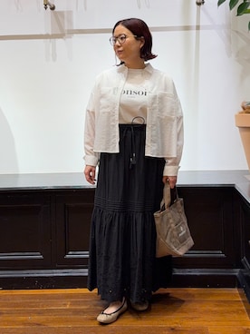 「DRESSTERIOR（ドレステリア）のシアーストライプクロップドシャツ（シャツ/ブラウス、ホワイト系）」を使った、asaminさんの夏コーディネート