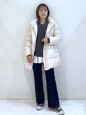 「index（インデックス）のKAWADAダウンドロストミドルコート【撥水/洗濯機OK/2WAY/静電気防止裏地】《XS～3L》（ダウンジャケット/コート、ベージュ系）」を使った、maaaaana05さん（レディース）の冬コーディネート