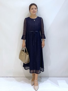「index（インデックス）の幾何ラインレースワンピース【洗濯機OK】（ワンピース、ブルー系）」を使った、maaaaana05さん（レディース）の秋コーディネート
