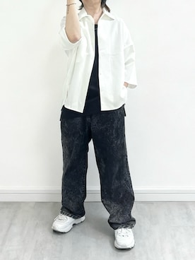 「cussil（クシル）の【cussil/クシル】TRストレッチルーズシルエット2wayオープンカラーシャツ（シャツ/ブラウス、ホワイト系）」を使った、あつさん（メンズ・154cm）の夏コーディネート