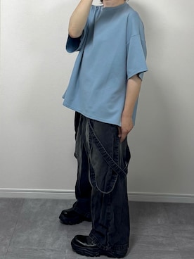 「LILL（リル）の高機能コットンポンチサイドスリット5分袖ドレープカットソー　UVカット　吸水　接触冷感　防シワ　抗ピリング（Tシャツ/カットソー、グレー系）」を使った、あつさん（メンズ・154cm）の夏コーディネート