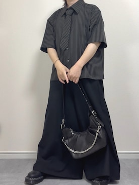 「cussil（クシル）の【cussil/クシル】〈接触冷感・イージーケア〉ネクタイセットリラックスストライプレギュラーカラー半袖シャツ（シャツ/ブラウス、ブラック系）」を使った、あつさん（メンズ・154cm）の夏コーディネート