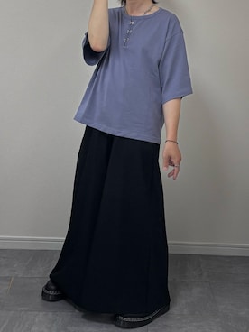 「LILL（リル）のシルバーパーツヘビーウエイトコットンヘンリーネックハーフスリーブカットソー（Tシャツ/カットソー、ブラック系）」を使った、あつさん（メンズ・154cm）の夏コーディネート