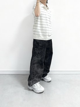 「ADRER（アドラー）のvintage make wide tapered denim / ヴィンテージメイクワイドテーパードデニム（デニムパンツ、ブルー系）」を使った、あつさん（メンズ・154cm）の夏コーディネート