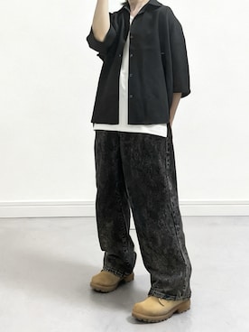 「ADRER（アドラー）のvintage make wide tapered denim / ヴィンテージメイクワイドテーパードデニム（デニムパンツ、ブルー系）」を使った、あつさん（メンズ・154cm）の夏コーディネート