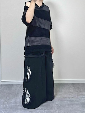 「ERAR（エラー）の【ERAR】【セットアップ対応】ハイダメージナイロンドッキングデザインサイドラインワイドデニムパンツ（デニムパンツ、ブラック系）」を使った、あつさん（メンズ・154cm）の夏コーディネート