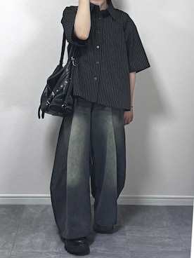 「cussil（クシル）の【cussil/クシル】〈接触冷感・イージーケア〉ネクタイセットリラックスストライプレギュラーカラー半袖シャツ（シャツ/ブラウス、ブラック系）」を使った、あつさん（メンズ・154cm）の夏コーディネート