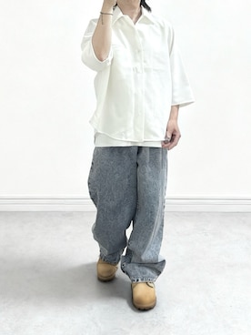 「cussil（クシル）の【cussil/クシル】TRストレッチルーズシルエット2wayオープンカラーシャツ（シャツ/ブラウス、ホワイト系）」を使った、あつさん（メンズ・154cm）の夏コーディネート