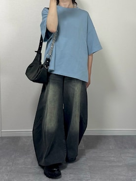 「LILL（リル）の高機能コットンポンチサイドスリット5分袖ドレープカットソー　UVカット　吸水　接触冷感　防シワ　抗ピリング（Tシャツ/カットソー、グレー系）」を使った、あつさん（メンズ・154cm）の夏コーディネート