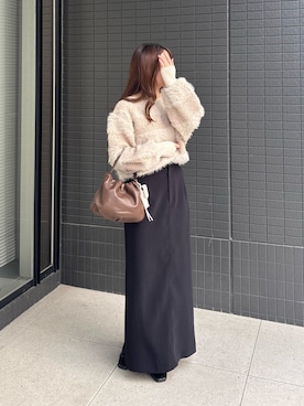 「russet（ラシット）のレザー巾着4WAYショルダーバッグ（ショルダーバッグ、ブラウン系）」を使った、Rihoさん（レディース・152cm）の秋コーディネート