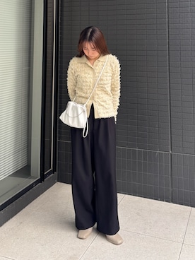 「russet（ラシット）のレザー巾着4WAYミニショルダーバッグ（ショルダーバッグ、ホワイト系）」を使った、Rihoさん（レディース・152cm）の秋コーディネート