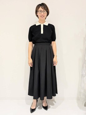 「UNTITLED（アンタイトル）の【トレンド/きれいめ】5分袖ポロニット（ニット/セーター、ブラック系）」を使った、yukariさん（レディース・158cm）の夏コーディネート