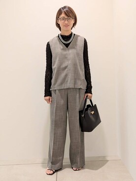 「UNTITLED（アンタイトル）の【洗える/ワイド/ウエストゴム】ストレッチドロストパンツ（その他パンツ、ブラック系）」を使った、yukariさん（レディース・158cm）の秋コーディネート