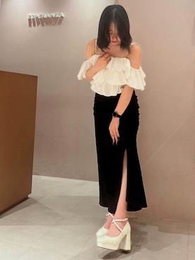 「ESPERANZA（エスペランサ）のスクエアトゥダブルストラップ厚底パンプス（パンプス、ホワイト系）」を使った、紫桜-shion-さん（レディース・156cm）の夏コーディネート