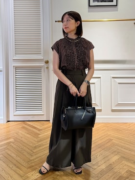 「DRESSTERIOR（ドレステリア）のストライプフレンチスリーブフリルブラウス（シャツ/ブラウス、ベージュ系）」を使った、つじ まこさん（レディース・150cm）の夏コーディネート