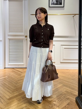 「DRESSTERIOR（ドレステリア）のUV接触冷感シアーカーディガン（カーディガン/ボレロ、ブラウン系）」を使った、つじ まこさん（レディース・150cm）の夏コーディネート