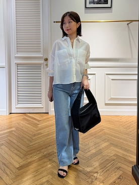 「DRESSTERIOR（ドレステリア）のシアーストライプクロップドシャツ（シャツ/ブラウス、ホワイト系）」を使った、つじ まこさん（レディース・150cm）の夏コーディネート