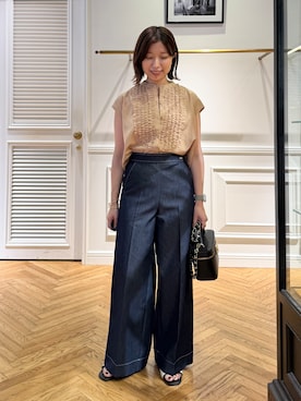 「DRESSTERIOR（ドレステリア）のフレンチスリーブ　フリルブラウス（シャツ/ブラウス、ベージュ系）」を使った、つじ まこさん（レディース・150cm）の夏コーディネート