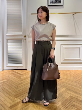 「DRESSTERIOR（ドレステリア）の【接触冷感／抗菌防臭／消臭】アイスクリアコットンフレンチスリーブT（Tシャツ/カットソー、ベージュ系）」を使った、つじ まこさん（レディース・150cm）の夏コーディネート