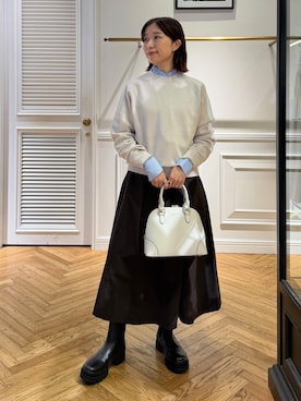 「DRESSTERIOR（ドレステリア）の【6色展開/ウォッシャブル】コットンカシミヤニット（ニット/セーター、ホワイト系）」を使った、つじ まこさん（レディース・150cm）の秋コーディネート