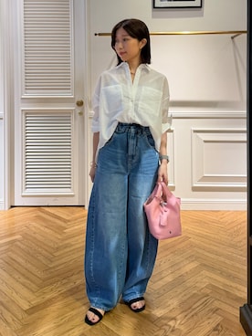 「DRESSTERIOR（ドレステリア）のシアーストライプクロップドシャツ（シャツ/ブラウス、ホワイト系）」を使った、つじ まこさん（レディース・150cm）の夏コーディネート