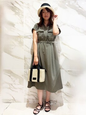 「index（インデックス）の《7色展開/XS-LLサイズ》ダブルポケットスキッパーシャツワンピース【吸水速乾/防シワ/イージーアイロン/抗ピル/洗濯機洗い可】（ワンピース、グリーン系）」を使った、makkiさん（レディース・164cm）の夏コーディネート