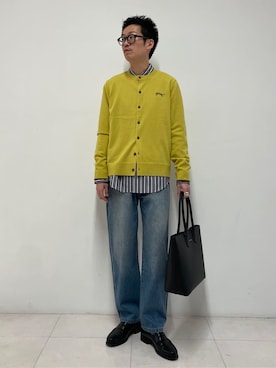 「DRESSTERIOR（ドレステリア）のTHOMAS MASON ストライプシャツ（シャツ/ブラウス、ブルー系）」を使った、蒲谷祐太さん（メンズ・180cm）の秋コーディネート