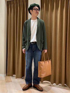 「TAKEO KIKUCHI（タケオキクチ）の【Sサイズ～】モンスターストレッチ バイオ デニム パンツ（デニムパンツ、ブルー系）」を使った、蒲谷祐太さん（メンズ・180cm）の夏コーディネート