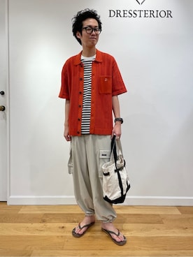 「DRESSTERIOR（ドレステリア）の◆【Safari5月号掲載】オーガニックコットン キューバニットシャツ（ニット/セーター、オレンジ系）」を使った、蒲谷祐太さん（メンズ・180cm）の夏コーディネート