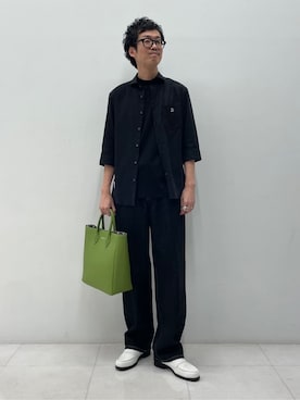 「DRESSTERIOR（ドレステリア）の◆リネン混スリークオーターシャツ（シャツ/ブラウス、ブラック系）」を使った、蒲谷祐太さん（メンズ・180cm）の夏コーディネート