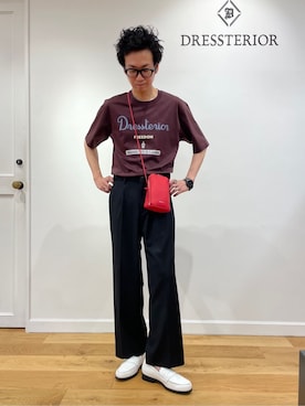「DRESSTERIOR（ドレステリア）の【接触冷感/抗菌防臭/消臭】ICE CLEAR COTTON ロゴT（Tシャツ/カットソー、ブラウン系）」を使った、蒲谷祐太さん（メンズ・180cm）の夏コーディネート