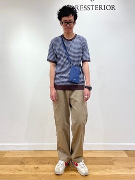 「DRESSTERIOR（ドレステリア）のシルク混ボーダーハーフスリーブニットT（ニット/セーター、ブラウン系）」を使った、蒲谷祐太さん（メンズ・180cm）の夏コーディネート