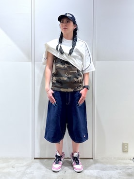 「NEW ERA（ニューエラ）のXLARGE×NEW ERA MIX LOGO CAP（キャップ、ブルー系）」を使った、reiaさん（レディース・173cm）の夏コーディネート