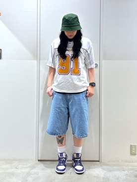 「XLARGE（エクストララージ）のXTRA FOOTBALL JERSEY（Tシャツ/カットソー、ホワイト系）」を使った、reiaさん（レディース・173cm）の夏コーディネート