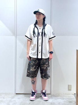 「XLARGE（エクストララージ）のBASEBALL JERSEY（Tシャツ/カットソー、ホワイト系）」を使った、reiaさん（レディース・173cm）の夏コーディネート