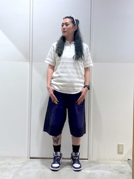 「XLARGE（エクストララージ）のSTRIPED KNIT POLO SHIRT（ポロシャツ、ホワイト系）」を使った、reiaさん（レディース・173cm）の夏コーディネート