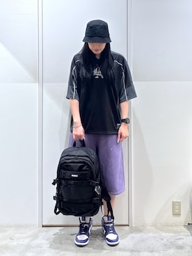 「XLARGE（エクストララージ）のOG DOUBLE KNEE SHORT PANTS（スウェットパンツ、パープル系）」を使った、reiaさん（レディース・173cm）の夏コーディネート