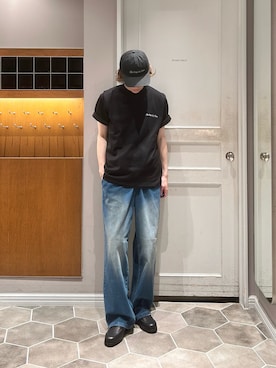 「NANO universe（ナノユニバース）のCOOLLY DENIM ワイドイージーパンツ（接触冷感）（デニムパンツ、ブルー系）」を使った、UT0さん（メンズ・174cm）の夏コーディネート